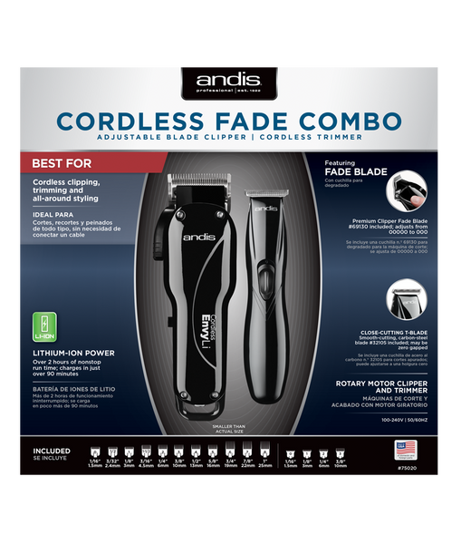 Andis Professional Cordless Fade Combo, Envy Lithium-Ion High-speed Adjustable Blade Clipper - Slimline Pro Li Cordless T-Blade Trimmer (75020) - Bundled with KEPSE Neck Duster