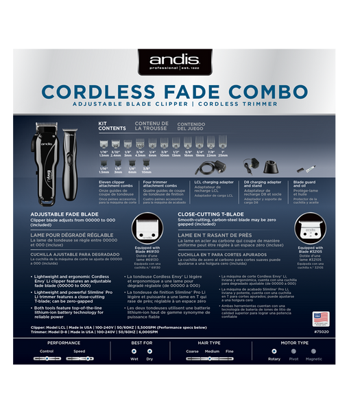 Andis Professional Cordless Fade Combo, Envy Lithium-Ion High-speed Adjustable Blade Clipper - Slimline Pro Li Cordless T-Blade Trimmer (75020) - Bundled with KEPSE Neck Duster